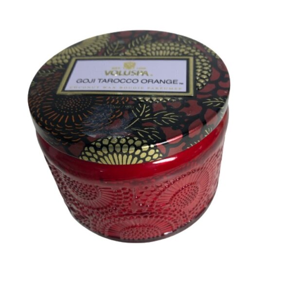 🎄 Voluspa Goji Tarocco Orange Small Embossed Glass Candle 3.2 Ounces #80-4 - Picture 1 of 4